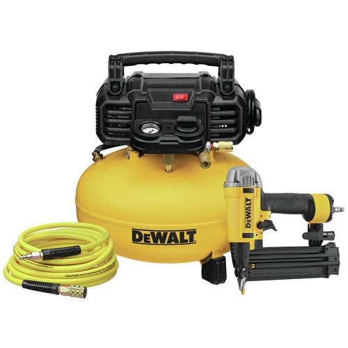 Nail Gun Compressor Combo Kits | Factory Reconditioned Dewalt DWFP1KITR 18 Gauge Brad Nailer and 6 Gallon Oil-Free Pancake Air Compressor Combo Kit image number 0