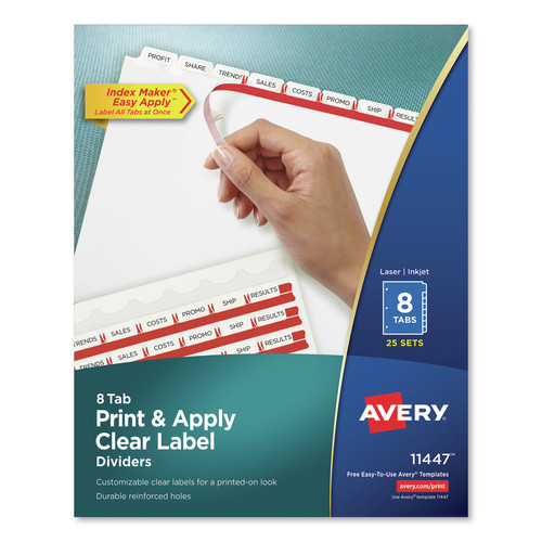 Office Jansan | Avery 11447 Index Maker 11 in. x 8.5 in. 8-Tab Print and Apply Clear Label Dividers - White (25/Box) image number 0