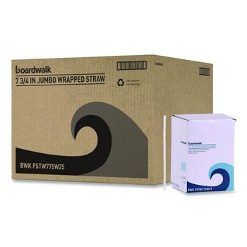 Boardwalk BWKFSTW775W25 7.75 in. Plastic Flexible Wrapped Straws - White (20 Packs/Carton)