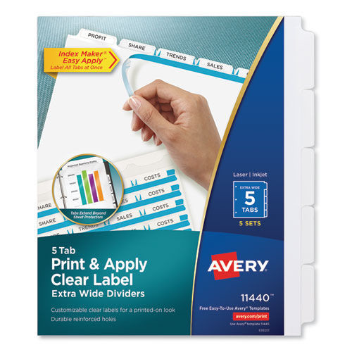 Office Jansan | Avery 11440 Index Maker 11.25 in. x 9.25 in. 5-Tab Extra Wide Tab Print and Apply Clear Label Dividers - White/White Tabs (5/Pack) image number 0