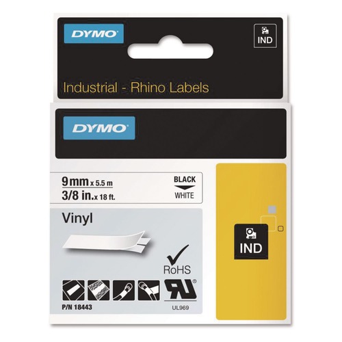 Labels | DYMO 18443 0.37 in. x 18 ft. Rhino Permanent Vinyl Industrial Label Tape - White/Black Print image number 0
