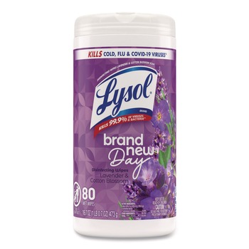 LYSOL Brand Disinfecting Wipes, 1-Ply, 7 x 7.25, Lavender and Cotton Blossom, White, 80 Wipes/Canister