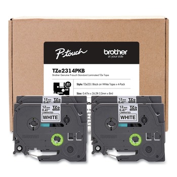 Brother P-Touch 0.5 in. TZe Series Standard Adhesive Laminated Labeling Tape - Black on White (4/Pack)