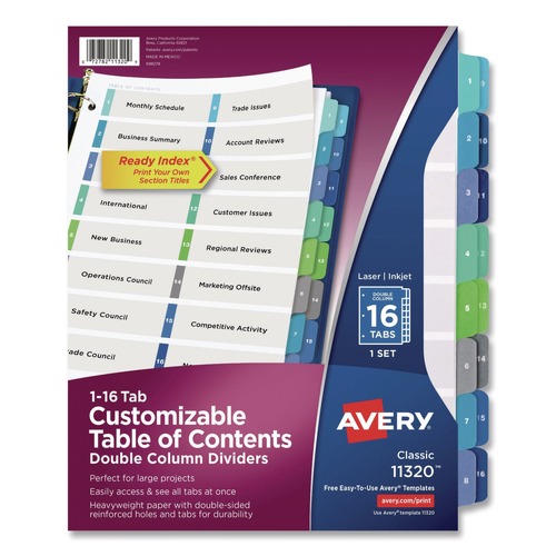 Office Jansan | Avery 11320 11 in. x 8.5 in. 16-Tab 1 to 16 Customizable TOC Ready Index Double Column Multicolor Tab Dividers - White (1-Set) image number 0