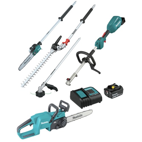 String Trimmers | Makita XUX02SM1X5XCU11Z 18V LXT Brushless 14 in. Chain Saw and Couple Shaft Power Head Kit with String Trimmer/Pole Saw/Articulating Hedge Trimmer Attachments Bundle (4 Ah) image number 0
