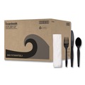 Cutlery | Boardwalk BWKFKTNMWPSBLA Mediumweight Fork/Knife/Napkin/Spoon 4-Piece Plastic Cutlery Kit - Black (250/Carton) image number 1