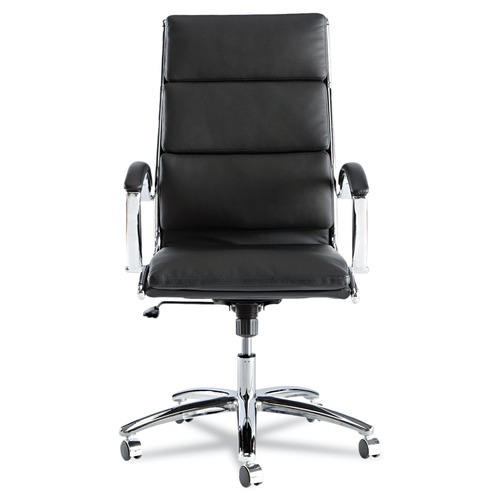 Labor Day Sale! Save $30 off $199! | Alera ALENR4119 Neratoli Series 17.32 in. to 21.25 in. Seat Height 275 lbs. Capacity High-Back Slim Profile Faux Leather Chair - Black Seat/Back, Chrome image number 0