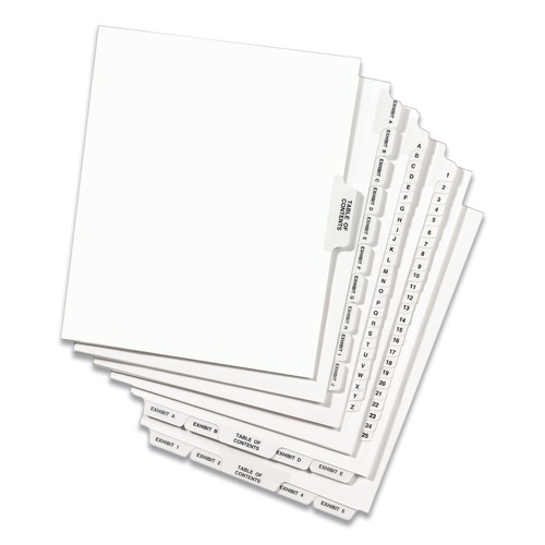  | Avery 01401 11 in. x 8.5 in. 26-Tab Avery Style Preprinted A Legal Exhibit Side Tab Index Dividers - White (25/Pack) image number 0