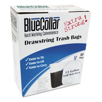 BlueCollar N4828EW RC1 Drawstring Trash Bags, 13 Gal, 0.8 Mil, 24-in X 28-in, White, 80/box