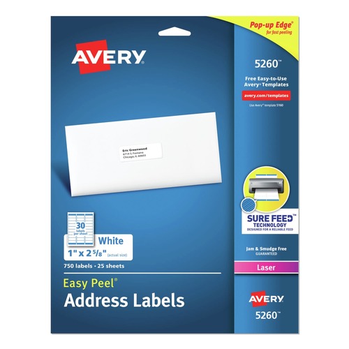 Office Jansan | Avery 05260 Easy Peel 1 in. x 2.63 in. Address Labels with Sure Feed Technology - White (750/Pack) image number 0
