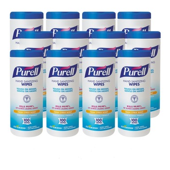 HAND WIPES | PURELL 9111-12 5.78 in. x 7 in. Premoistened Hand Sanitizing Wipes - Fresh Citrus, White (100/Canister, 12 Canisters/Carton)