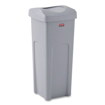 Rubbermaid Commercial Universal Square Trash Can with Swing Lid 23 gal Plastic Gray