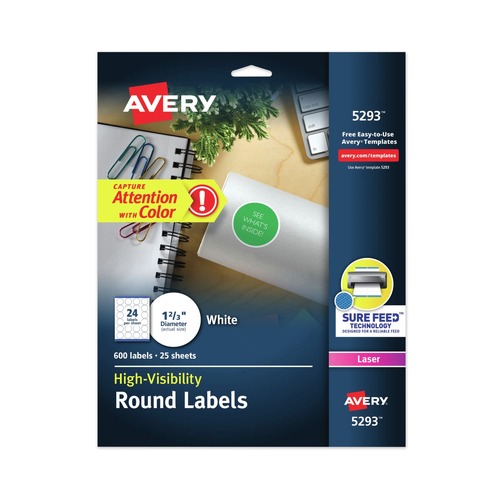Office Jansan | Avery 05293 High-Visibility 1-2/3 in. Round Laser Print ID Labels with SureFeed Technology - White (24/Sheet, 25 Sheets/Pack) image number 0