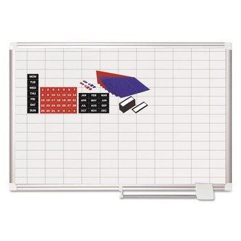 MasterVision 1 in. x 2 in. Grid 36 in. x 24 in. Aluminum Lacquered Steel Magnetic Dry Erase Planning Board with Accessories - White/Silver
