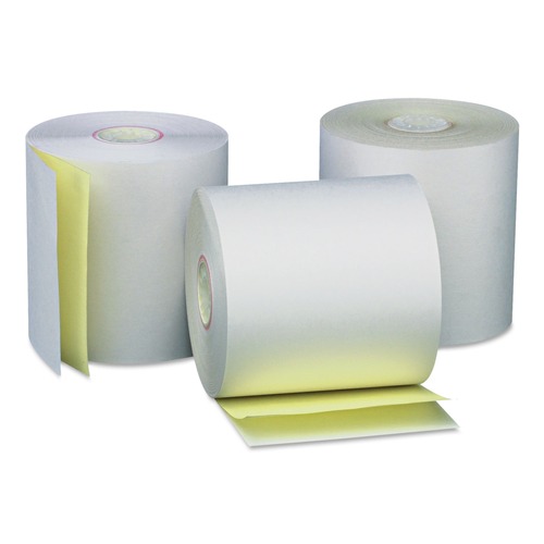 Universal UNV35767 3 in. x 90 ft., 0.44 in. Core, Carbonless Paper Rolls - White/Canary (50/Carton) image number 0
