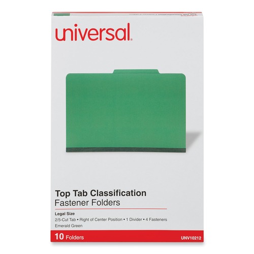 Universal UNV10212 Legal Size 1 Divider Bright Colored Pressboard Classification Folders - Emerald Green (10/Box) image number 0