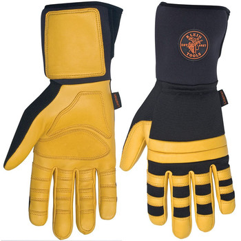 Klein Tools Soft Grain Leather Lineman Work Gloves with Padded Knuckles - X-Large Black/ Yellow