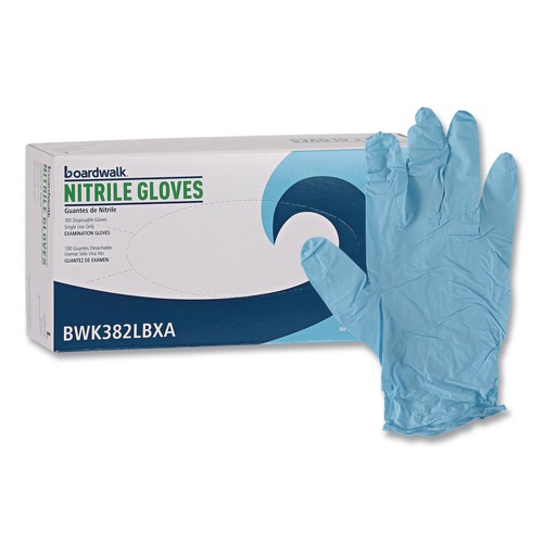 Disposable Gloves | Boardwalk 382LBXA 5 mil 9.5 in. Long Powder-Free Disposable Examination Nitrile Gloves - Large, Blue (100/Box) image number 0