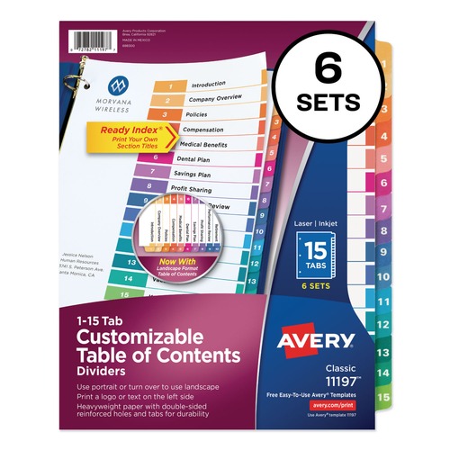 Office Jansan | Avery 11197 Ready Index 11 in. x 8.5 in. 15-Tab 1 to 15 Customizable TOC Dividers - Multicolor Tabs/White (6/Pack) image number 0