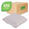 Food Trays, Containers, and Lids | Eco-Products EP-HC93NFA Vanguard 9 in. x 9 in. x 3 in. 3-Compartment Renewable and Compostable Sugarcane Clamshells - White (200/Carton) image number 1