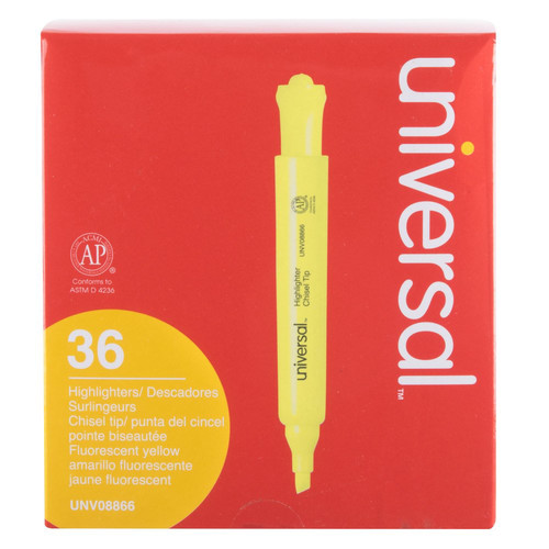 Office Jansan | Universal UNV08866 Chisel Tip Desk Highlighter Value Pack - Fluorescent Yellow Ink, Yellow Barrel (36/Pack) image number 0
