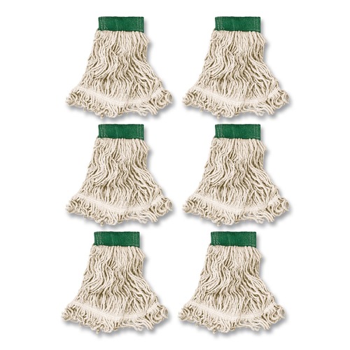 Mops | Rubbermaid Commercial FGD25206WH00 Super Stitch Looped-End Cotton/Synthetic Wet Mop Head - Medium, Green/White (6/Carton) image number 0
