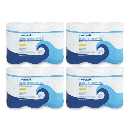 Cleaning & Janitorial Supplies | Boardwalk BWK455W753CT 7 in. x 8 in. Disinfecting Wipes - Lemon Scent (75/Canister, 12 Canisters/Carton) image number 0