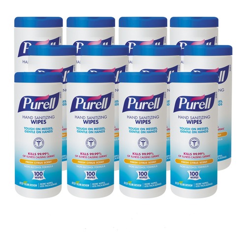Hand Wipes | PURELL 9111-12 5.78 in. x 7 in. Premoistened Hand Sanitizing Wipes - Fresh Citrus, White (100/Canister, 12 Canisters/Carton) image number 0