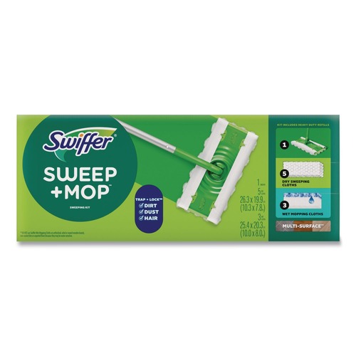 Cleaning & Janitorial Supplies | Swiffer 80810204 Sweep and Mop 12.4 in. x 2.95 in. 2-in-1 Dry/Wet Floor Mopping and Sweeping Kit - Silver Plastic Handle (6/Carton) image number 0