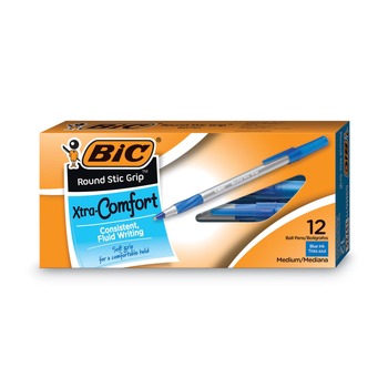 BIC Round Stic Grip Xtra Comfort Medium 1.2 mm. Stick Easy-Glide System Ballpoint Pen - Blue Ink/Gray/Blue Barrel (1-Dozen)