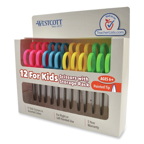 Office Jansan | Westcott 13141 5 in. Long, 1.75 in. Cut Length Pointed Tip Kids Scissors - Assorted Handles (12/Pack) image number 0
