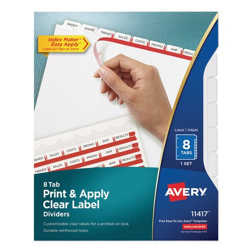 Office Jansan | Avery 11417 Index Maker 11 in. x 8.5 in. 8-Tab Print and Apply Clear Label Dividers - White (1-Set) image number 0
