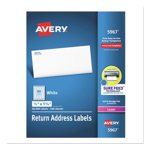 Labels | Avery 05967 0.5 in. x 1.75 in. Address Labels with Sure Feed Technology for Laser Printers - White (80/Sheet, 250 Sheets/Box) image number 0