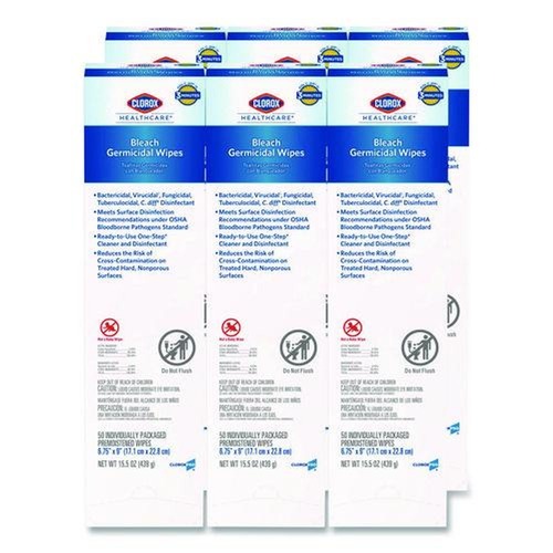 Cleaning & Janitorial Supplies | Clorox Healthcare 31424 6.75 in. x 9 in. 1-Ply Individual Bleach Germicidal Wipes - Unscented White (6/Carton) image number 0