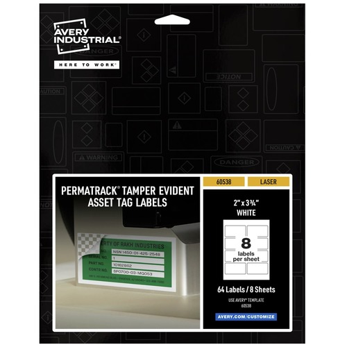  | Avery 60538 2 in. x 3.75 in. PermaTrack Tamper-Evident Asset Tag Labels - White (8/Sheet, 8 Sheets/Pack) image number 0