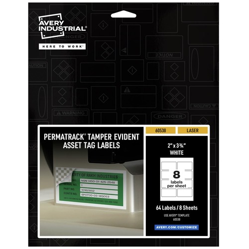 Mothers Day Sale! Save an Extra 10% off your order | Avery 60538 2 in. x 3.75 in. PermaTrack Tamper-Evident Asset Tag Labels - White (8/Sheet, 8 Sheets/Pack) image number 0