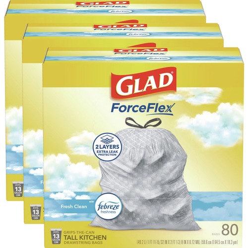 Cleaning & Janitorial Supplies | Glad 78899 ForceFlex 24 in. x 27.38 in. 13 Gallon Kitchen Drawstring Trash Bags - Fresh Clean Scent/White (240/Carton) image number 0