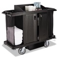 Office Jansan | Rubbermaid Commercial FG618900BLA 22 in. x 60 in. x 50 in. 2 Bins 3 Shelves Plastic Housekeeping Cart - Black image number 1