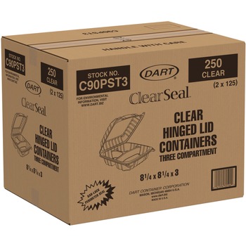 Dart C90PST3 ClearSeal 8.25 in. x 8.25 in. x 3 in. Hinged-Lid Plastic Containers - Clear (250/Carton)
