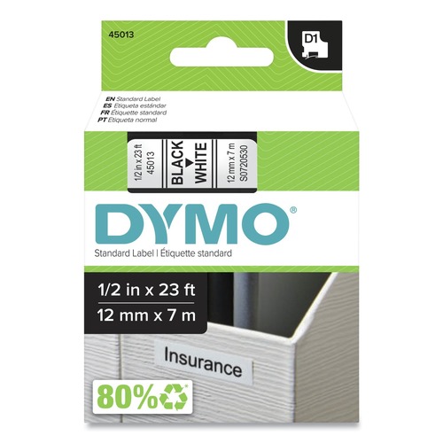 Office Jansan | DYMO 45013 0.5 in. x 23 ft. D1 High-Performance Polyester Removable Label Tape - Black on White image number 0