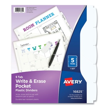 Avery 16825 Five-Tab Write and Erase Pocket Plastic Dividers - White (1 Set)