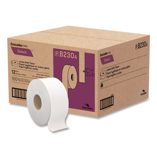 Cleaning & Janitorial Supplies | Cascades PRO B230 3.3 in. x 750 ft. 2-Ply Septic Safe Select Jumbo Bath Tissue - White (12/Carton) image number 0