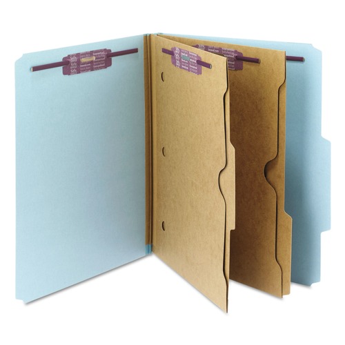 File Folders | Smead 14081 6 SafeSHIELD Fasteners 2 Dividers Letter Size 6-Section Pressboard Top Tab Pocket Classification Folders - Blue (10/Box) image number 0