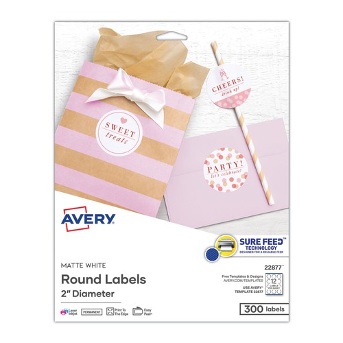 Office Jansan | Avery 22877 2 in. Diameter Round Print-to-the Edge Labels with SureFeed and EasyPeel - Matte White (300/Pack) image number 0