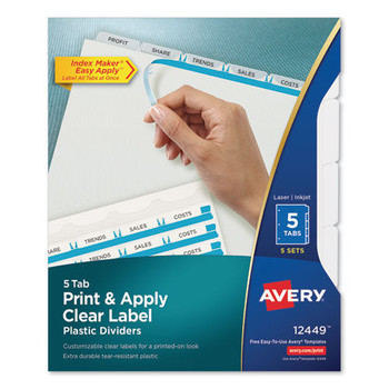 Avery 11 x 8.5 Print and Apply Index Maker Clear Label 5-Tab Dividers with Printable Label Strip - Frosted Clear Tabs (5/Pack)