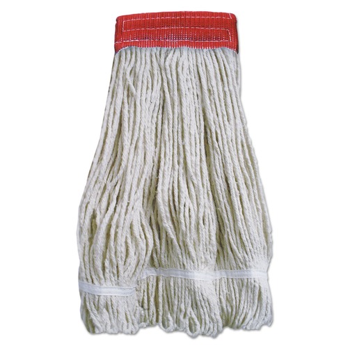 Early Labor Day Sale | Boardwalk BWK5320FTBNBTCT 20 oz. Wideband Looped-End Mop Heads - Natural with Red Band (12/Carton) image number 0