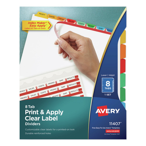 Office Jansan | Avery 11407 11 in. x 8.5 in. 8-Tab Color Tabs Print and Apply Index Maker Clear Label Dividers - White (1-Set) image number 0
