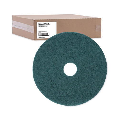 Cleaning & Janitorial Accessories | Boardwalk BWK4018GRE 18 in. Diameter Heavy-Duty Scrubbing Floor Pads - Green (5/Carton) image number 0