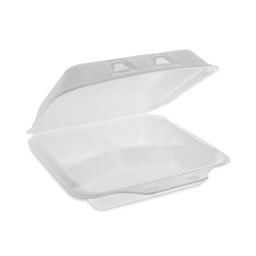  | Pactiv Corp. YHLW07030000 SmartLock 7.5 in. x 8 in. x 2.63 in. Foam Hinged Lid 3-Compartment Container - White (150/Carton) image number 0