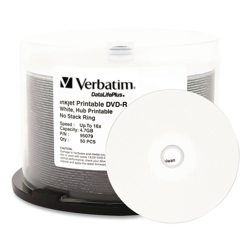 Office Electronics & Batteries | Verbatim 95079 4.7 GB 16x DVD-R DataLife Plus Printable Recordable Disc - White (50/Pack) image number 0